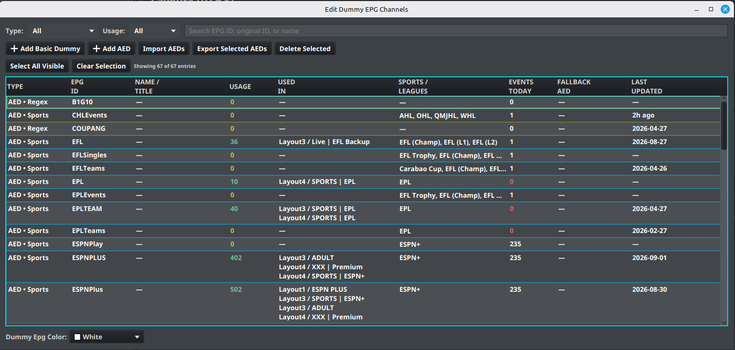 Edit Dummy EPG Channels inventory with filters, usage locations, and AED details