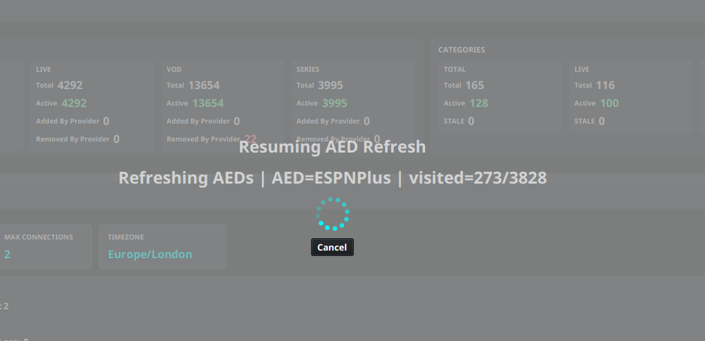 AED refresh progress showing the current AED, visited-channel count, and Cancel button