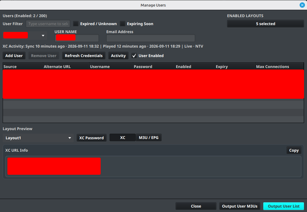 Manage Users dialog with layout preview and XC password controls