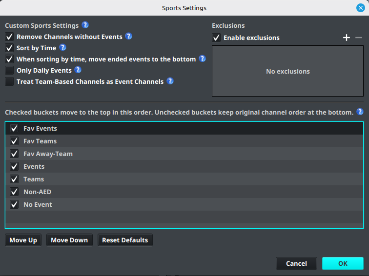 Sports Settings dialog for a Custom Sports group