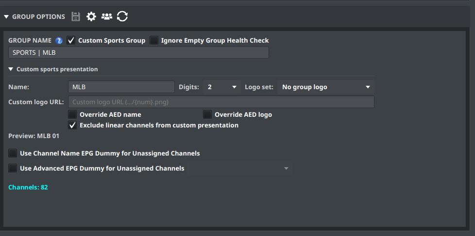 Layout Editor Group Options with Custom Sports presentation