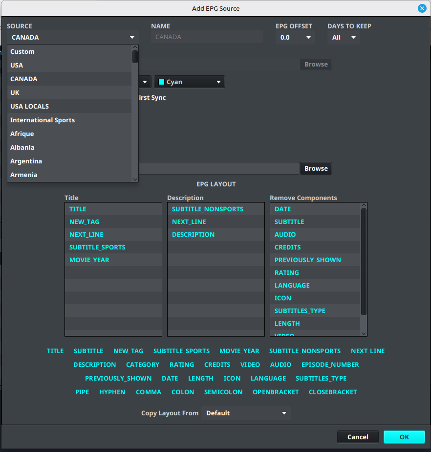 The Add Pro EPG dialog