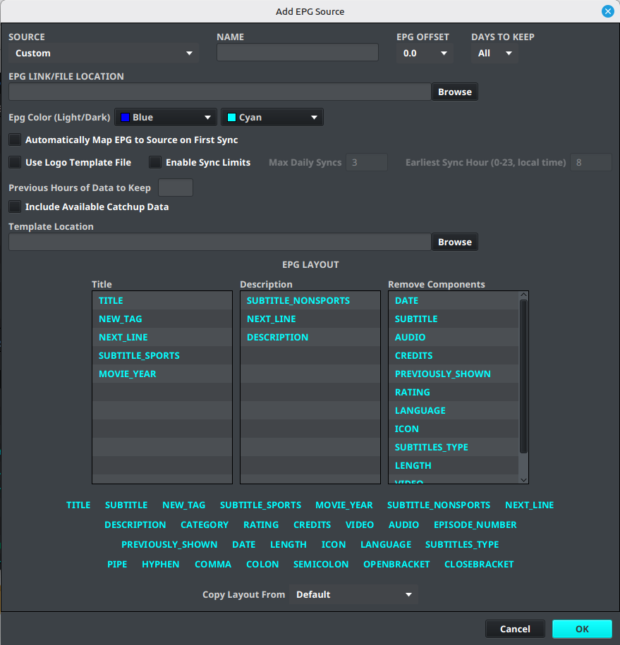 The Add EPG dialog