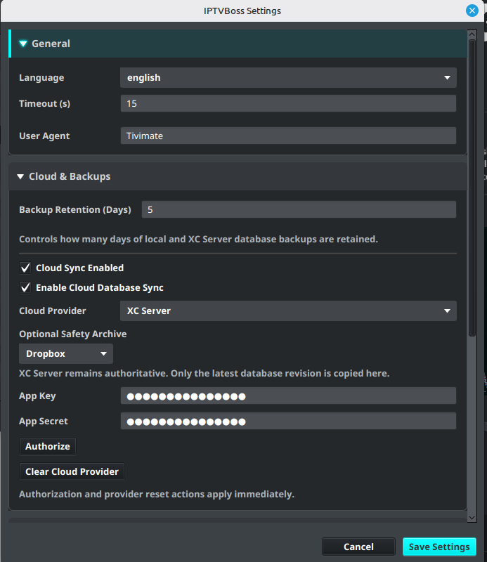 IPTVBoss application settings