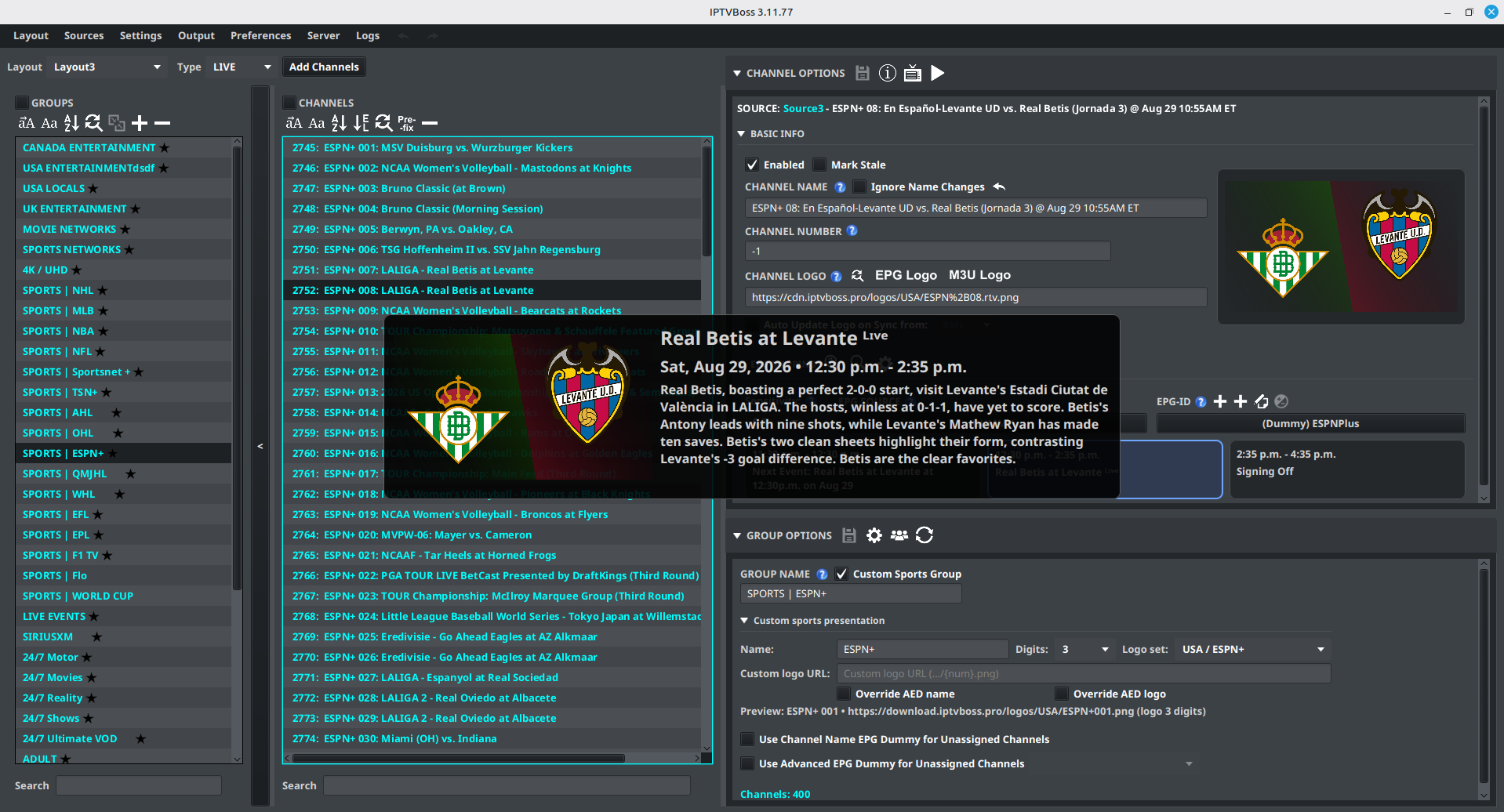 Custom Sports presentation with programme preview