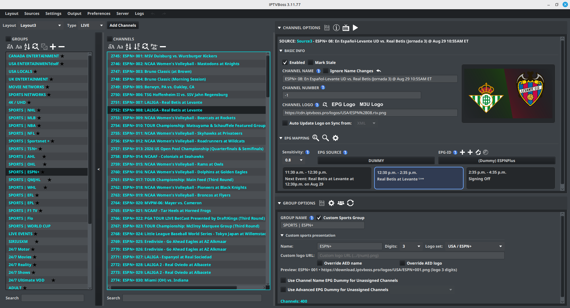Custom Sports presentation settings in the Layout Editor