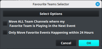 Favourite Teams Selector with team-channel and 24-hour options