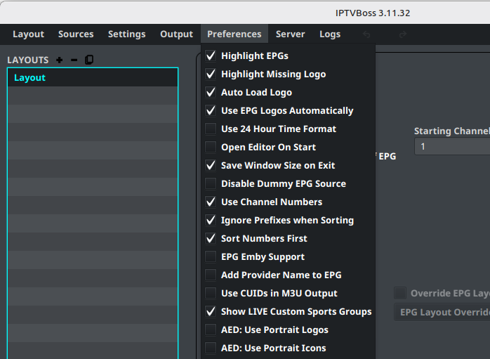 The Preferences menu