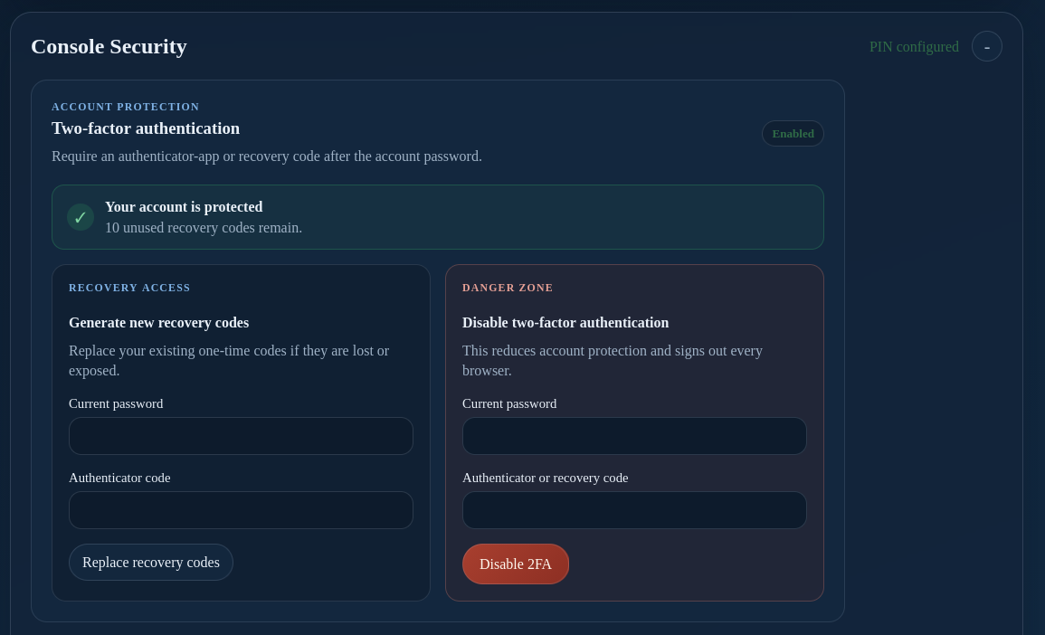 Enabled authenticator controls
