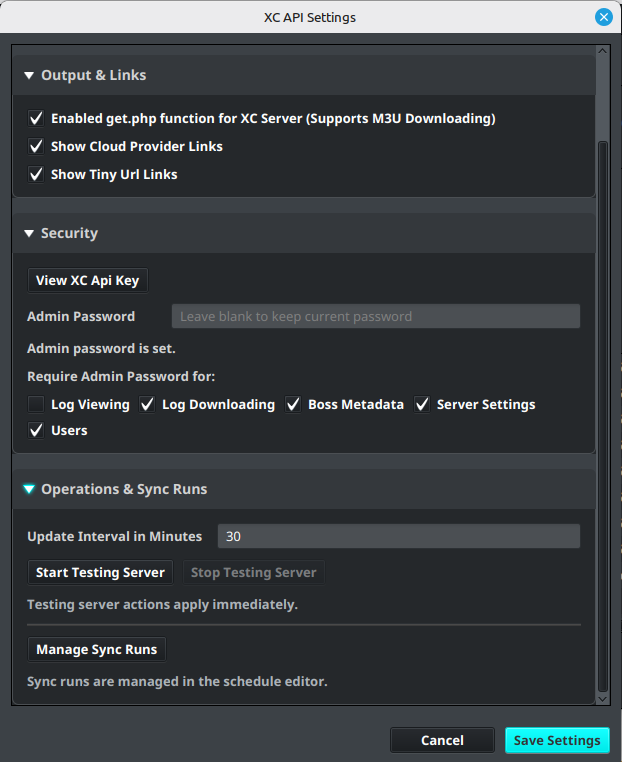 Desktop XC API Settings: output and security