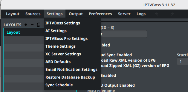 Settings menu