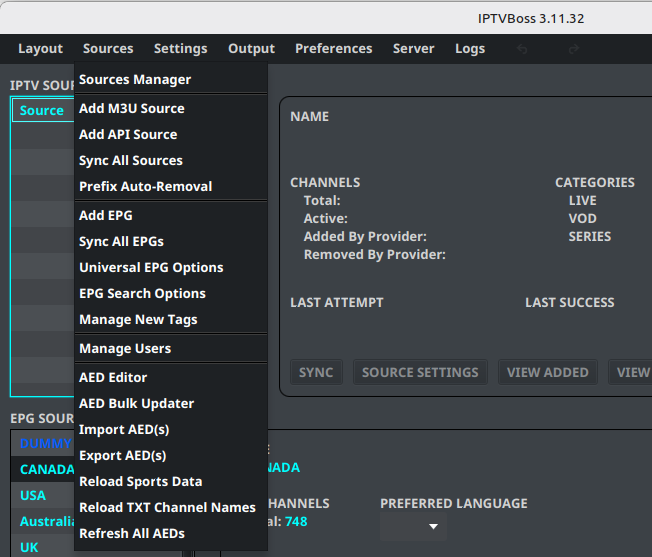 Sources menu