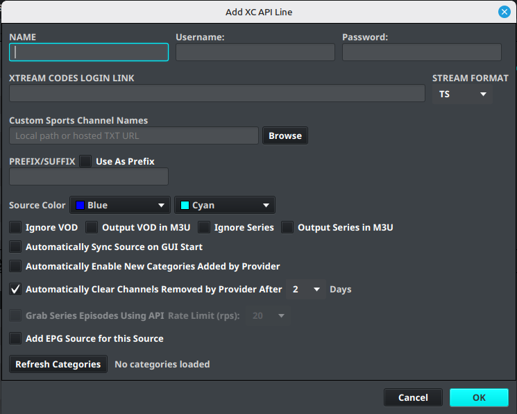 The Add XC Source dialog