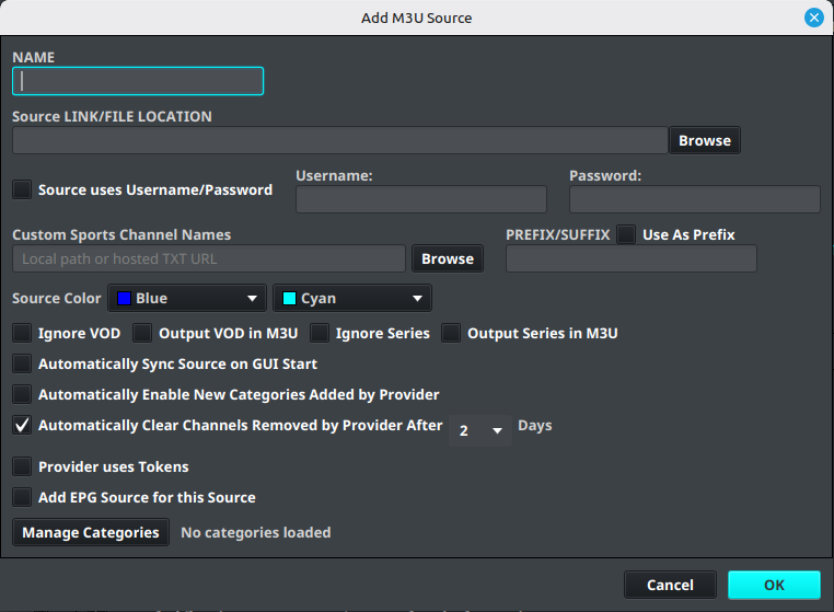 The Add M3U Source dialog