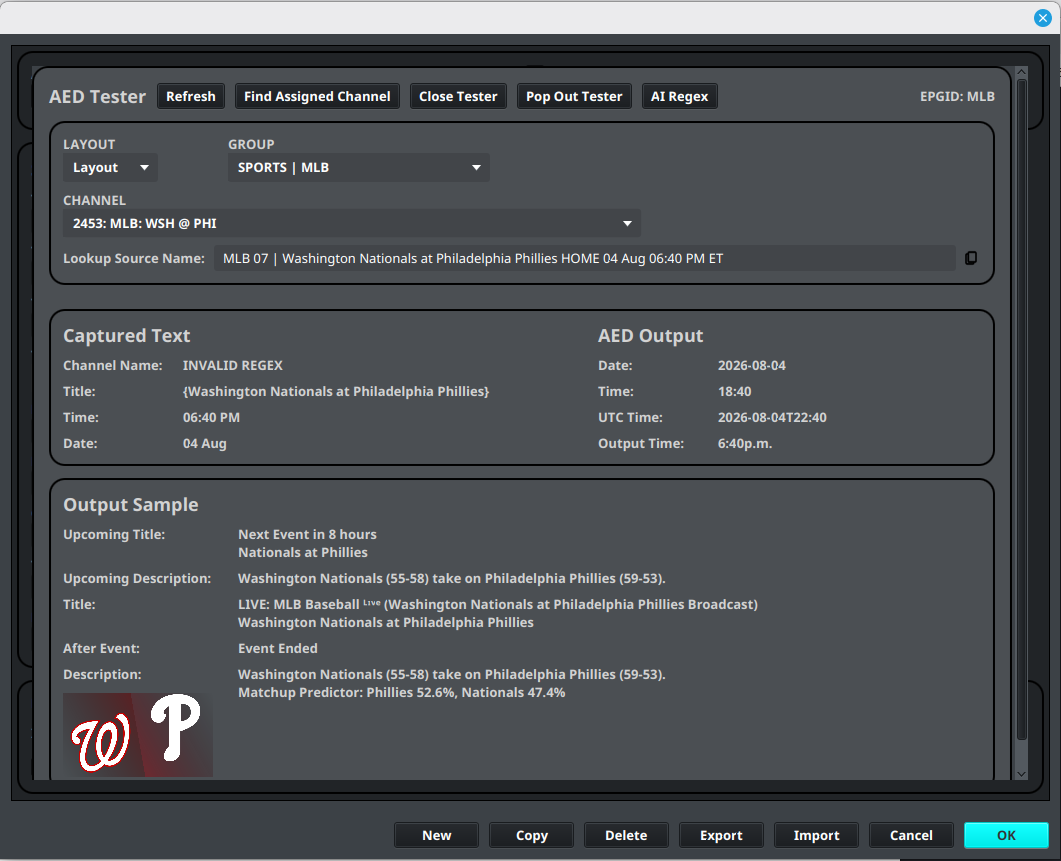 AED tester for checking regex matches