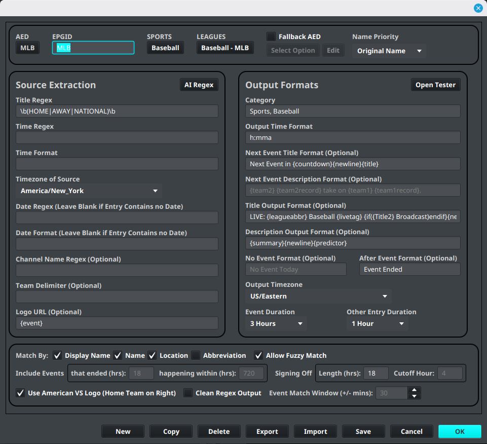 AED Editor showing event and output fields