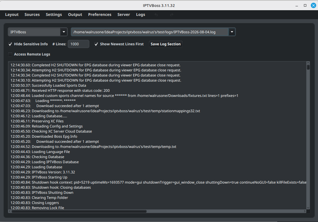The View Logs screen